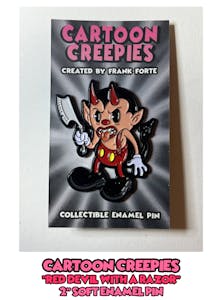 Cartoon Creepies Red Devil with a Razor 2" Soft Enamel pin designed by Frank Forte