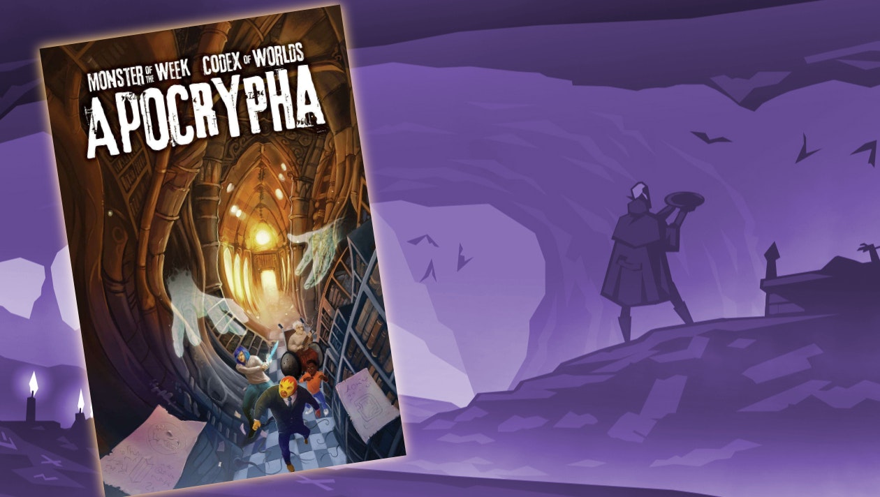 The cover of Codex of Worlds: Apocrypha set against a purple monotone illustration of a cave filled with candles and bats. A cloaked figure holds up a bowl in both hands. Next to the figure is the silhouette of a table or altar where someone has been chained up.