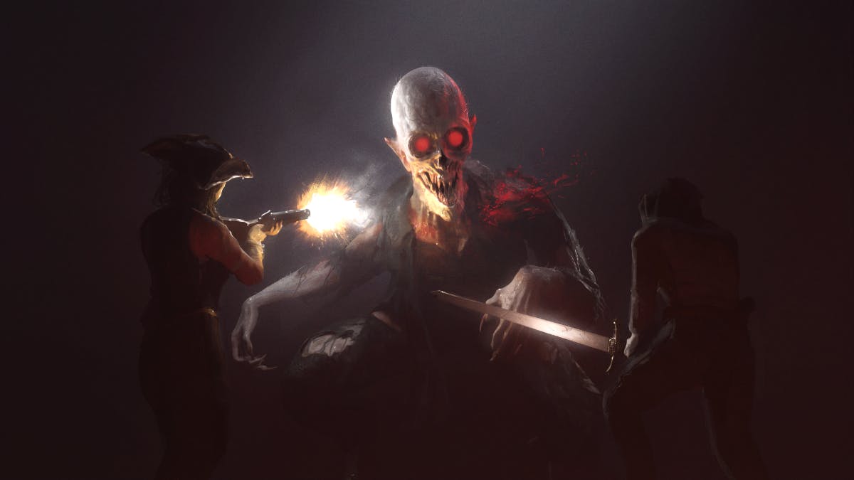 Two Hunters, one with a sword and one with a pistol, attack a pallid, red-eyed humanoid Entity that looms over them, ready to swipe at them with gnarled claws.