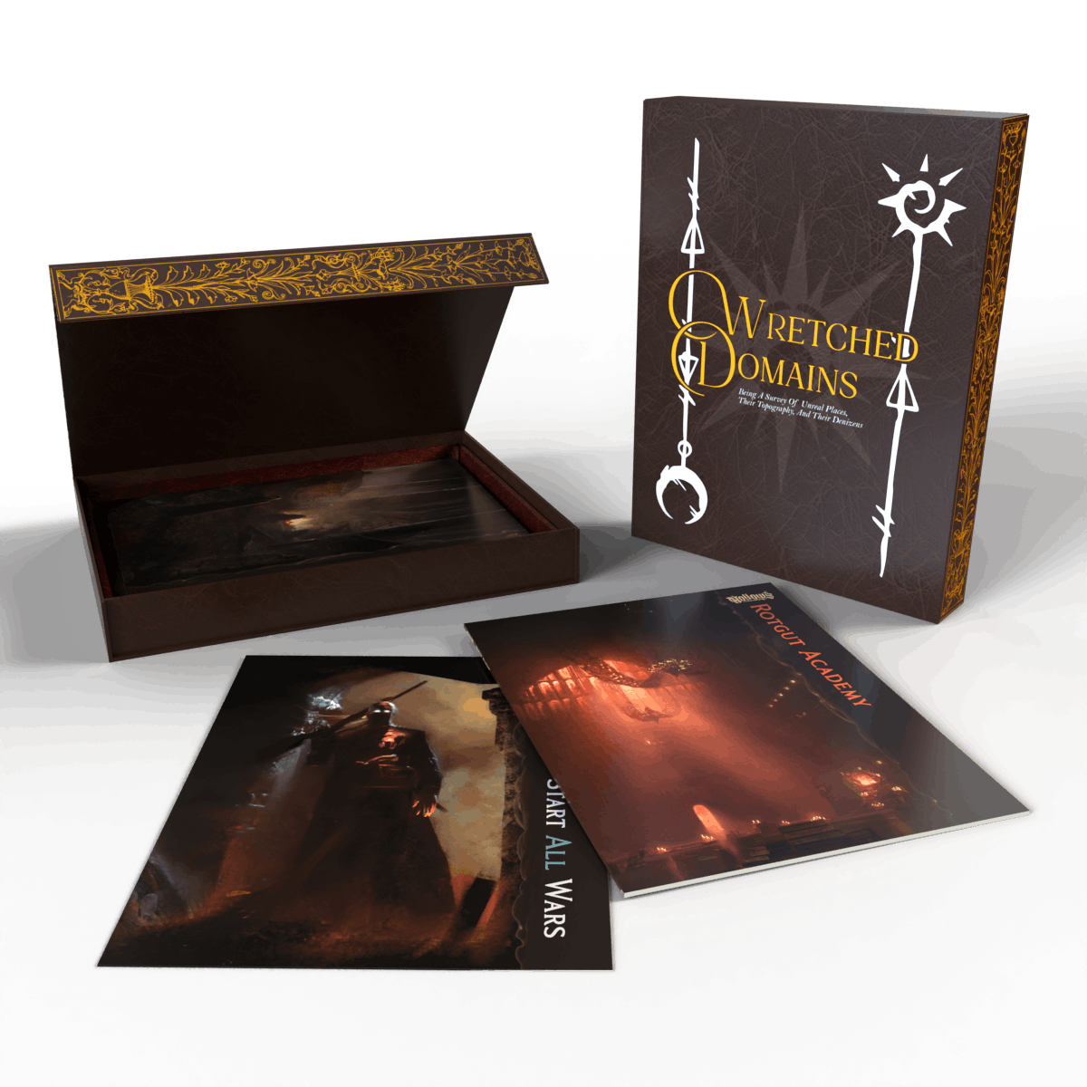 A book-style box entitled Wretched Domains Being a Survey of Unreal Places, Their Topography, and their Denizens. The box is open to reveal several Hollows pamphlets inside, and two more (The War to Start All Wars and Rotgut Academy) are laid out in front of the box.
