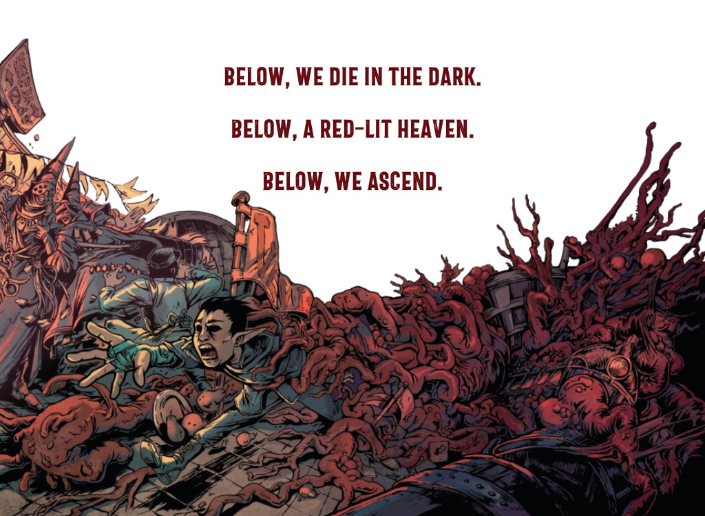 An image of a player character being consumed by a mass of grasping red tendrils as they try to flee. Text above them in red reads: Below, we die in the dark. Below, a red-lit heaven. Below, we ascend.