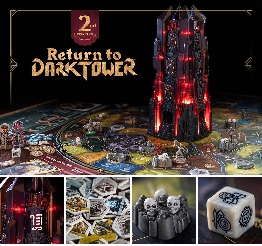 image collage: game set up with tower featured, lit up glyph, foe tokens, skulls on building, and haggle die