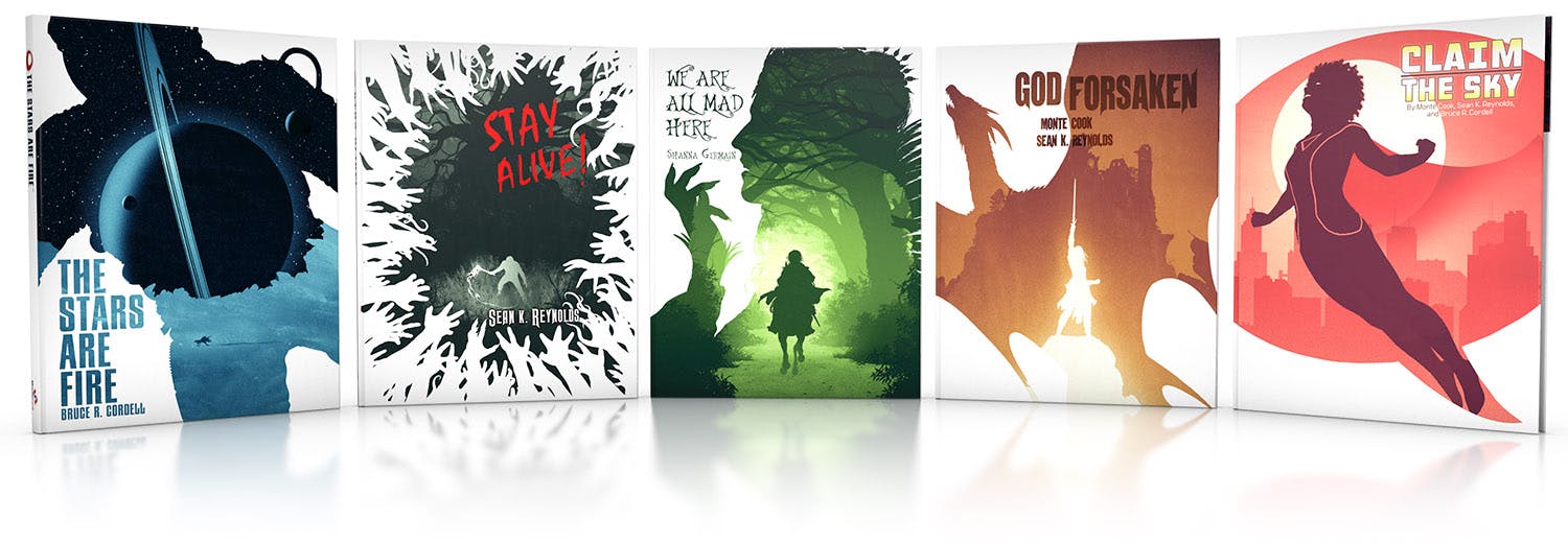 5 white books: The Stars Are Fire, Stay Alive!, We Are All Mad Here, Godforsaken, and Claim the Sky