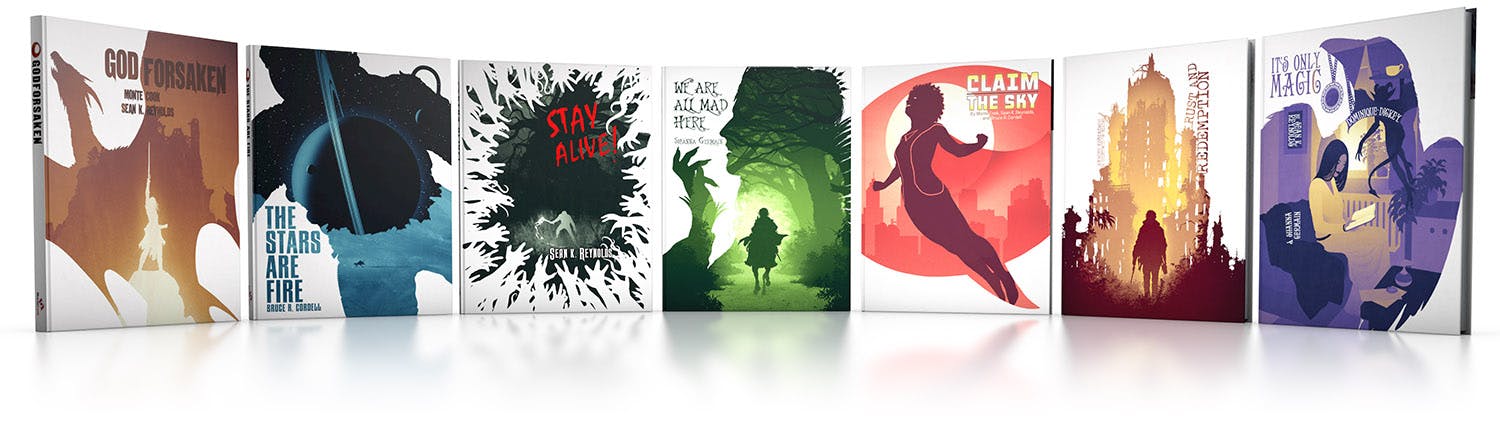 Image of 7 books: Godforsaken, The Stars Are Fire, Stay Alive!, We Are All Mad Here, Claim the Sky, Rust and Redemption, It's Only Magic.