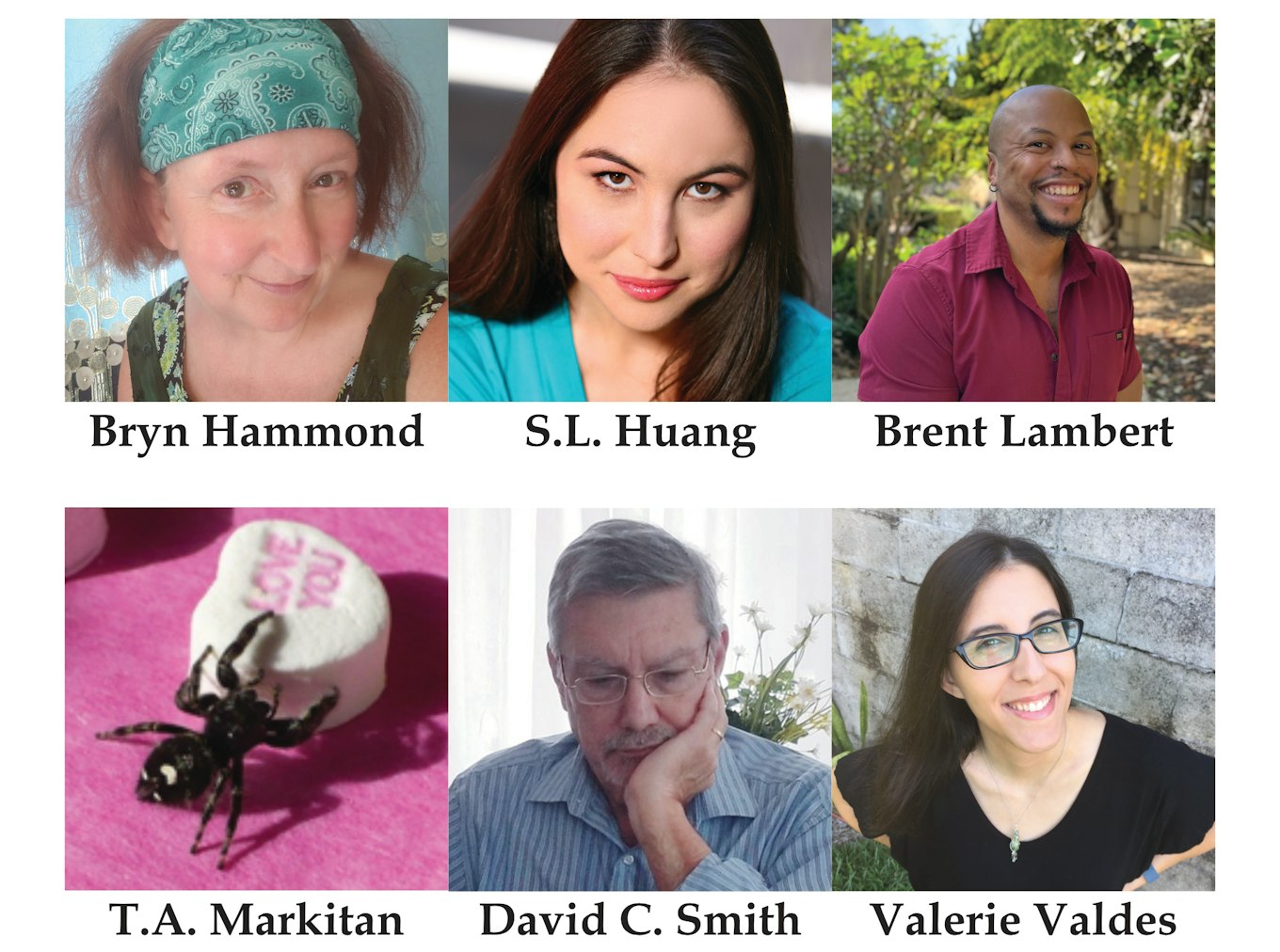 Author portraits of Bryn Hammond, S.L. Huang, Brent Lambert, T.A. Markitan, David C. Smith, and Valerie Valdes. 